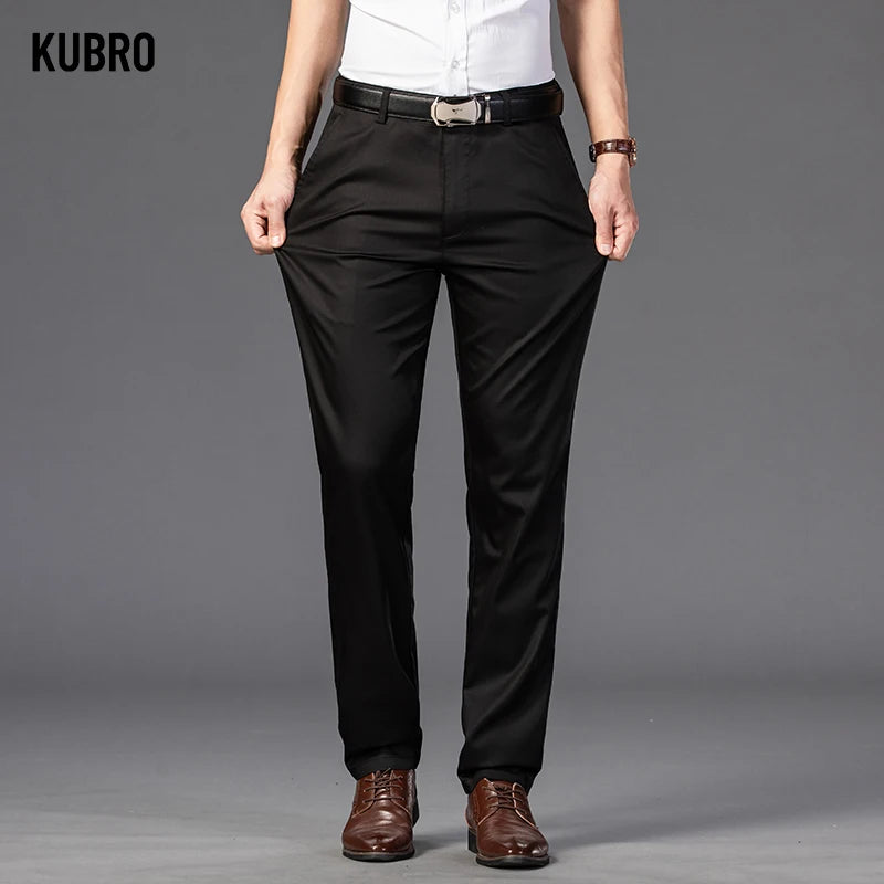 KUBRO Men's Summer Thin Fashion Business Casual Suit Pants Long Pants Men's Elastic Straight Sleeve Formal Pants Plus Size 28-40