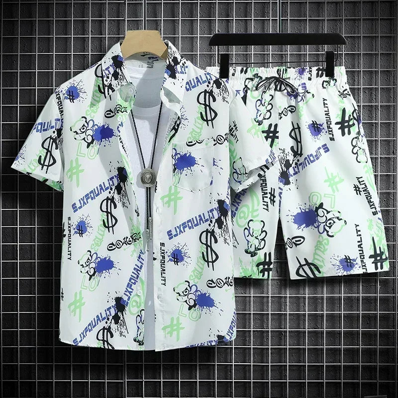 Hawaiian Beach Shirt Ensemble Men's Baggy Short-Sleeved Combo for Hainan Travel Vacation Cartoon Half-Sleeved Floral Shirt Tops