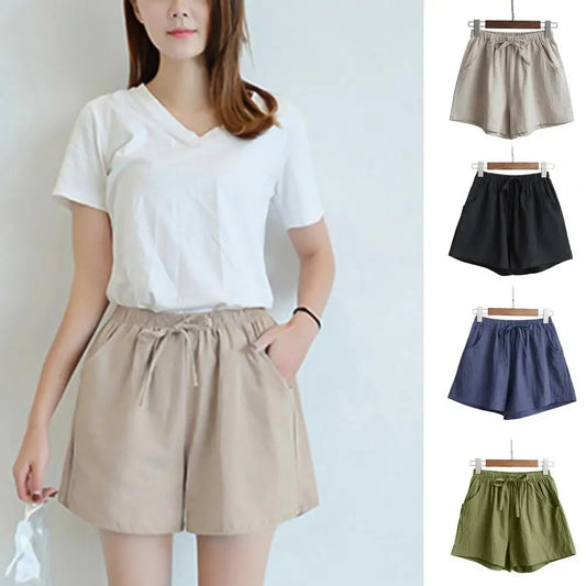 Short Pants with Drawstring High Waist Solid Color Double Pockets Thin Linen Wide Leg Women Casual Shorts Outdoor Streetwear