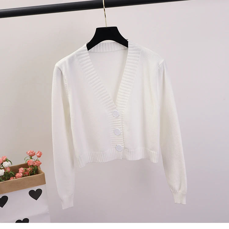 Women's Cropped Cardigan Sweaters Female Black White Short Sweater V Neck Single Breasted Sweater Woman Knitted Cardigan GD153