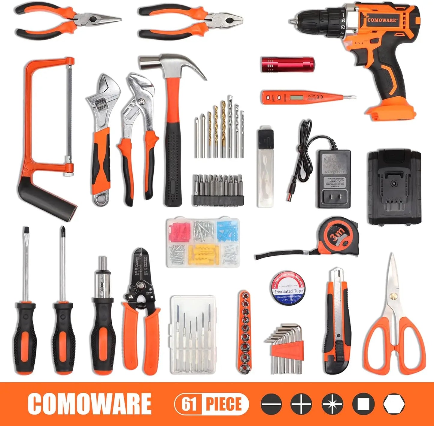 COMOWARE 20V Cordless Drill Set Combo Kit,120 Pcs Tool Kit for Home, Household Tool Sets for Men, Basic Tool Kit with Power Dril