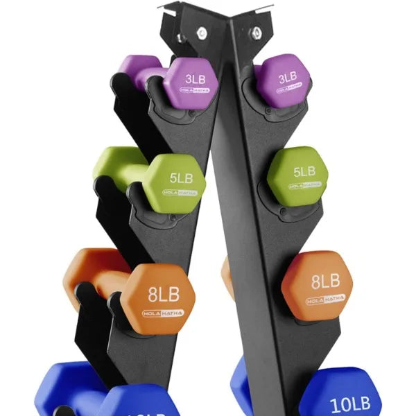 HolaHatha 2, 3, 5, 8, and 10 Pound Neoprene Dumbbell Free Hand Weight Set with Rack, Ideal for Home Exercises to Gain Tone