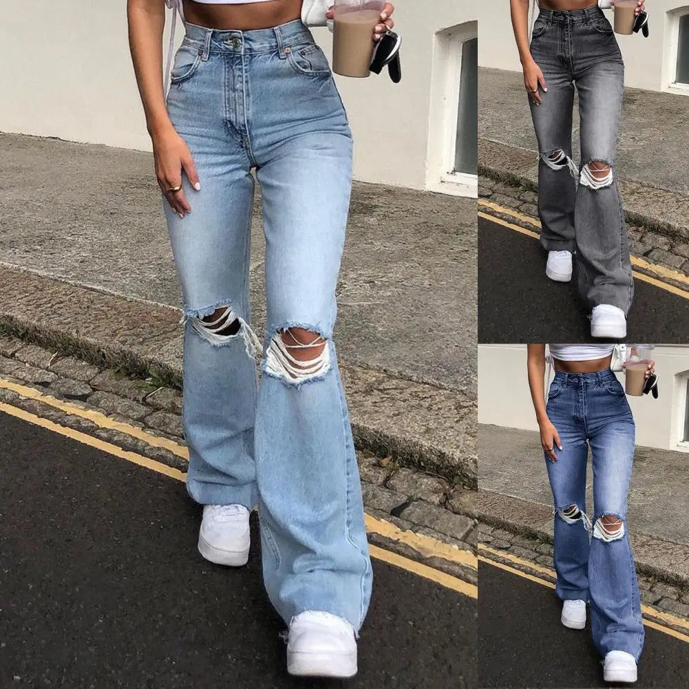 High Waist Blue Ripped Boot Cut Jeans For Women Fashion Stretch Knee Ripped Denim Flared Pants Casual Female Trousers Black 2024