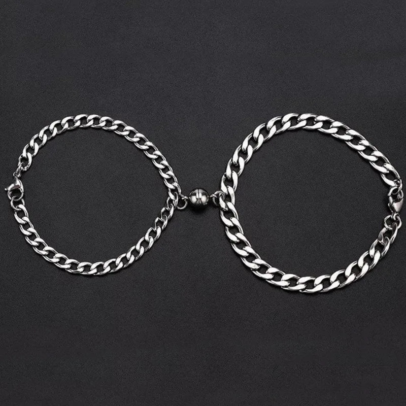 2pcs Punk Silver Color Chain Couple Bracelet For Women Stainless Steel Romantic Magnet Men Paired Things Fashion Jewelry Pulsera