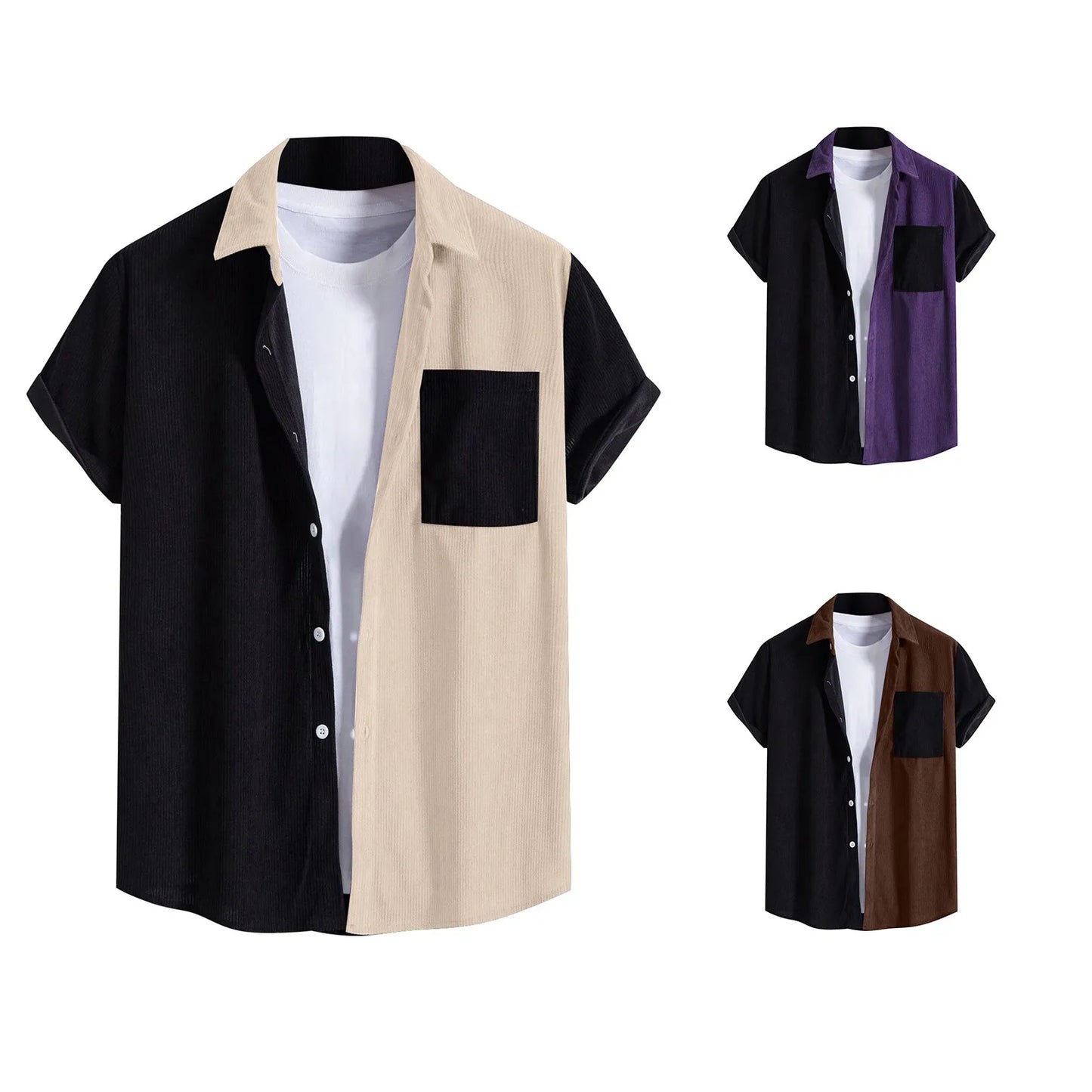 Fashion Shirts For Men 2023 Men'S Clothing Patchwork Youth Lapel Short Sleeved Shirt Corduroy Lapel Striped Short Sleeved Shirt