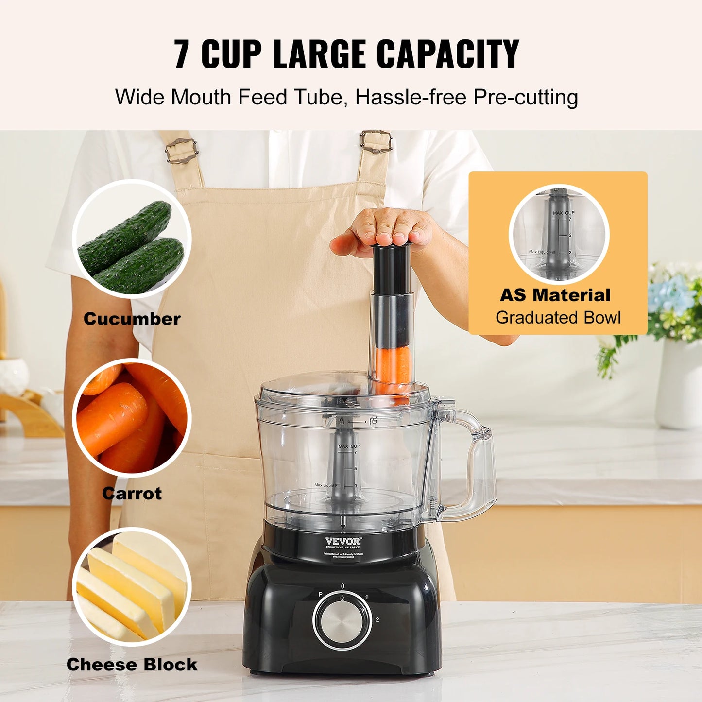 VEVOR Food Processor 7-Cup Vegetable Chopper for Chopping Slicing 350 Watts Stainless Steel Blade Professional Electric Food