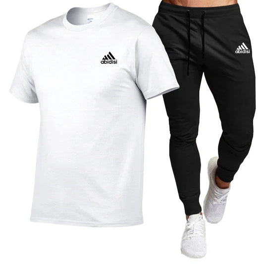 Men's summer fashion comfort clothing Cotton T-shirt short-sleeved top + black casual pants 2-piece fashion sportswear set