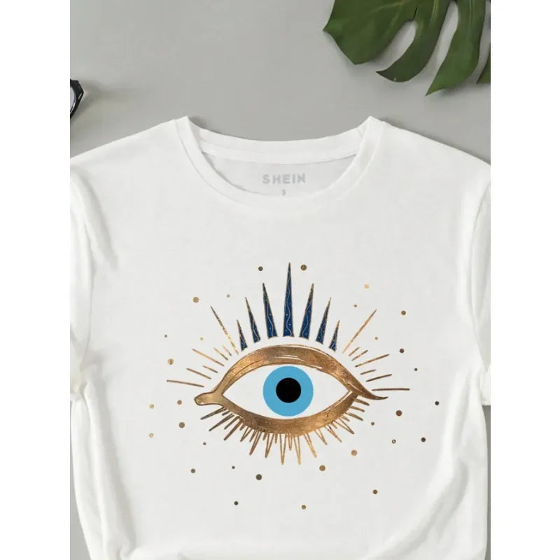 Devil's Eye Printed Tee Shirts 100% Cotton Womens Crop T-shirts O-Neck Short Sleeves Casual Loose Clothes Fashion Female Tops