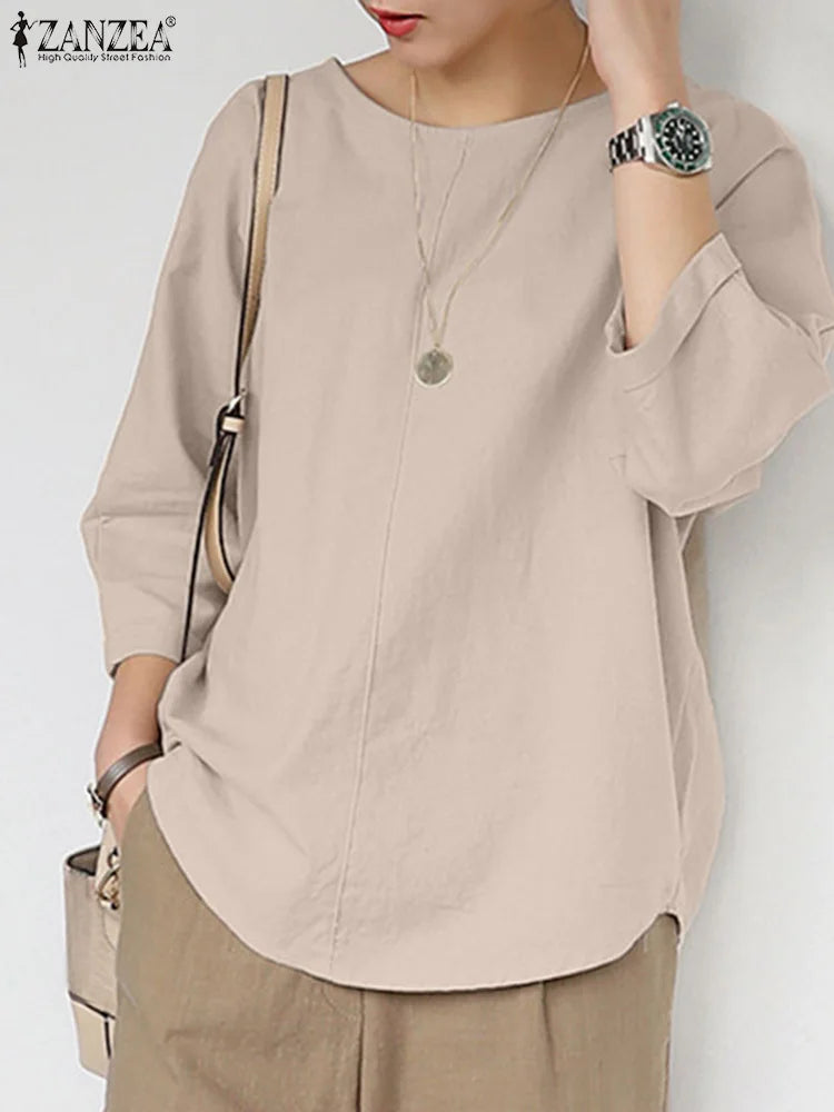 ZANZEA Spring Summer Women Blouse Casual 3/4 Sleeve O Neck Shirt Solid Baggy Tunic Tops Vintage OL Work Blusas Femme Chemise