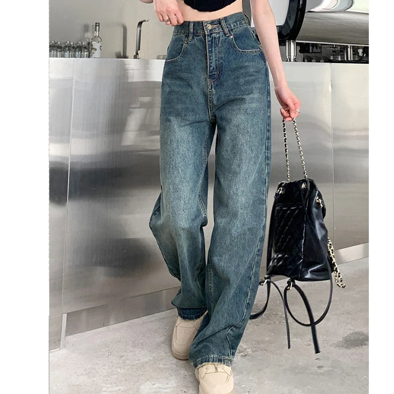 Wide Leg Jeans For Women High Waisted Contrasting Straight Leg Pant Autumn lady Loose Pants Streetwear