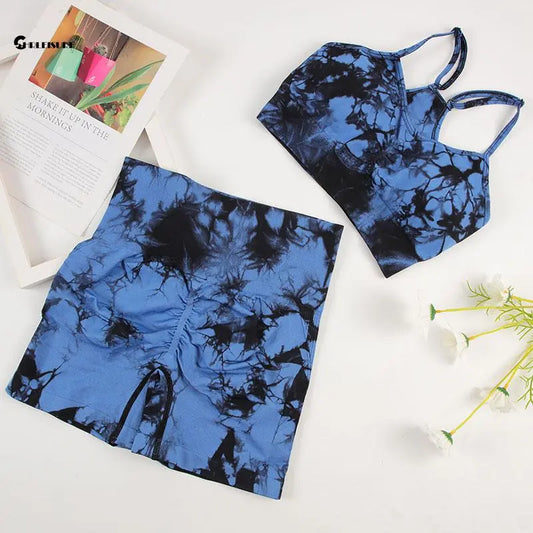 CHRLEISURE Tie Dye Yoga Set Women Seamless Sports Suit Cycling Shorts with Running Bra   Gym Tracksuit Elastic Fitness Outfit