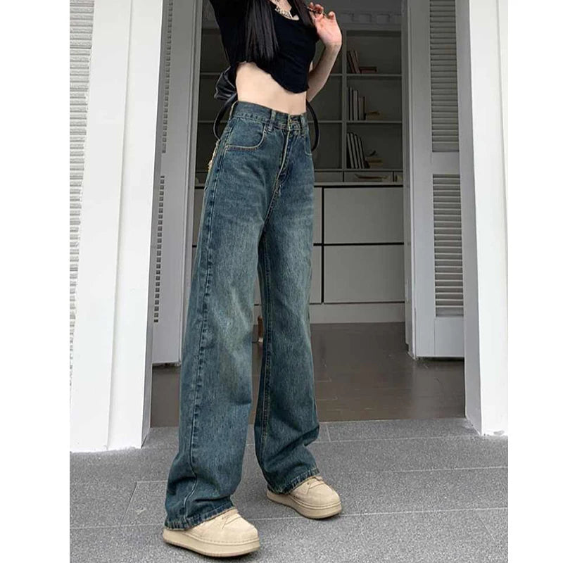 Wide Leg Jeans For Women High Waisted Contrasting Straight Leg Pant Autumn lady Loose Pants Streetwear