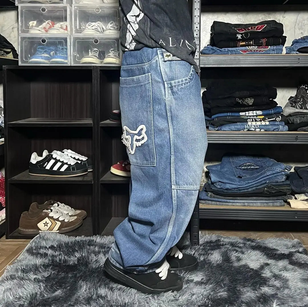 Y2k Embroidery Big Pocket Baggy Jeans Women Blue Washed and Distressed Hip Hop Streetwear Wide Leg Pants High Waisted Trousers