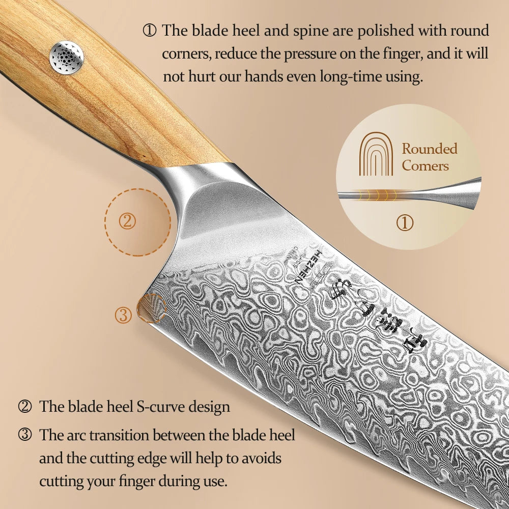 HEZHEN 1PC Or 5PC Knife Set 73 Layer Damascus Steel Powder Steel Core Olive Wood Handle Gift Box Sharp Kitchen Knives
