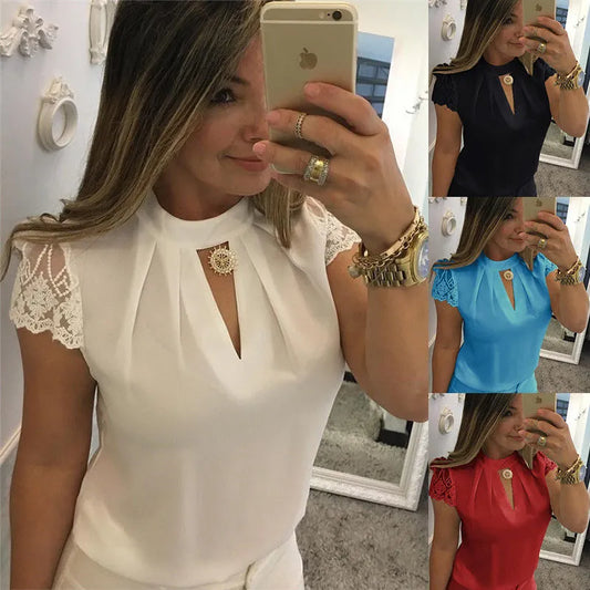 Sexy V Neck Chiffon Short Sleeve Solid Blouse Tops Women Lace Crochet Patchwork Shirts KXFS-OM8693