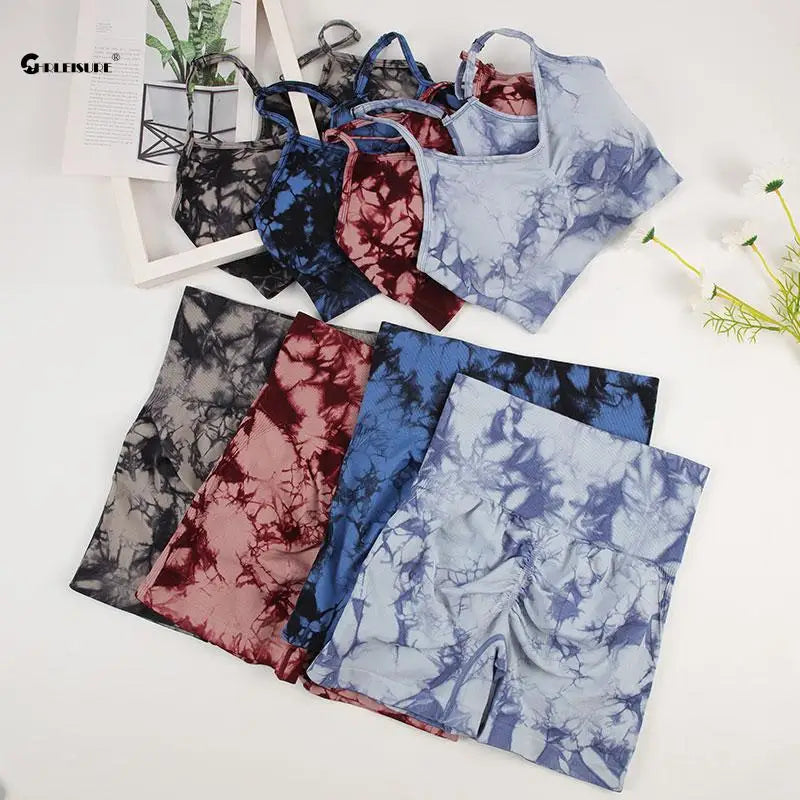 CHRLEISURE Tie Dye Yoga Set Women Seamless Sports Suit Cycling Shorts with Running Bra   Gym Tracksuit Elastic Fitness Outfit