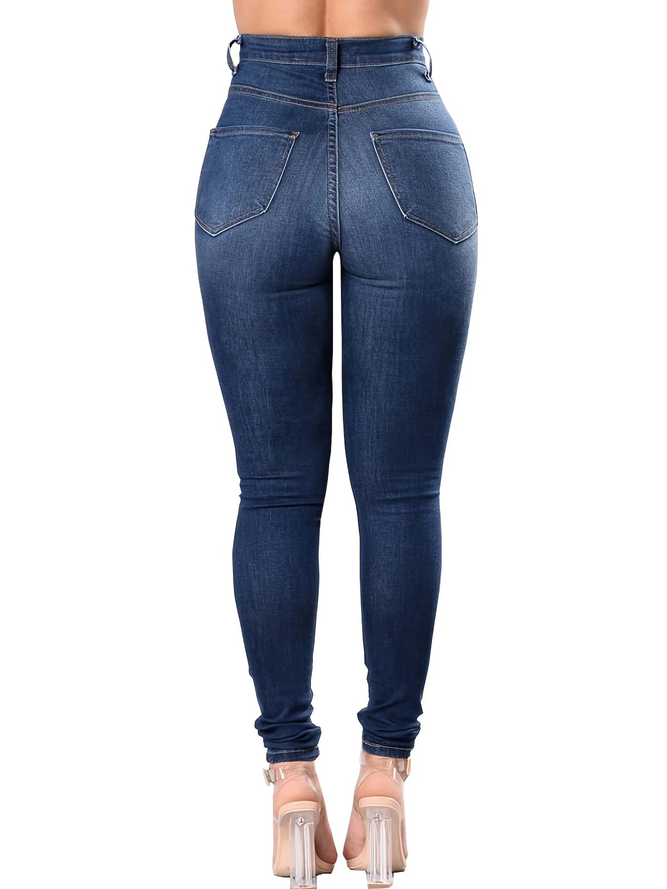 Blue Ripped Holes Skinny Jeans, Distressed High Waist Slim Fit Slash Pockets Denim Pants, Women's Denim Jeans & Clothing