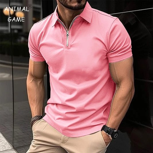 Men's Solid Color Polo Shirt Short Sleeve Zipper Collar Tshirts &for Men Summer Turn-Down Streetwear New Male Jogger Tops